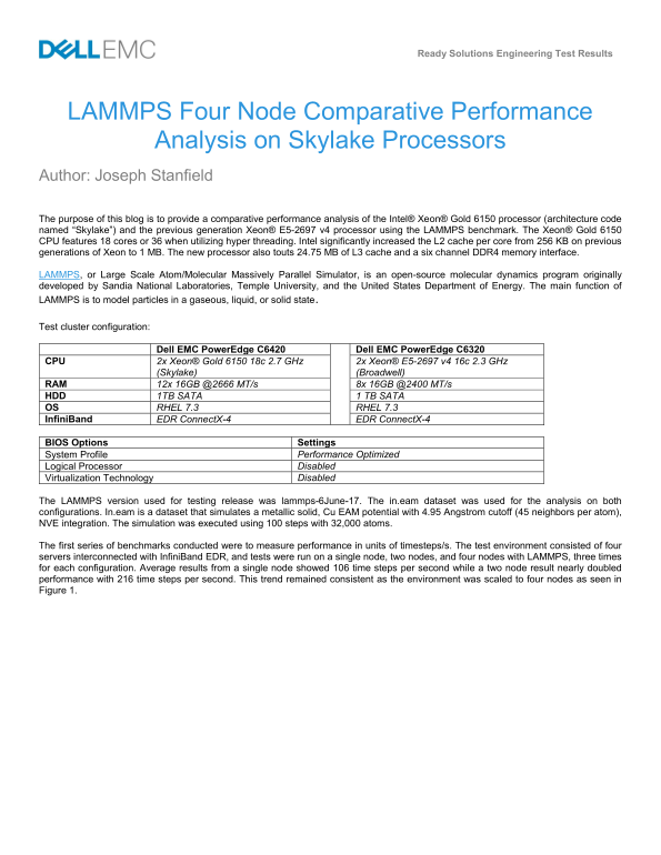 Dell Comparative Performance Analysis on Skylake Processors - User Guide for LAMMPS Four Node Setup - Page 1