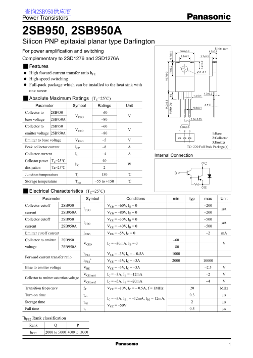 Panasonic 2SB950, 2SB950A Silicon PNP Epitaxial Planar Type Darlington User Manual - Page 1