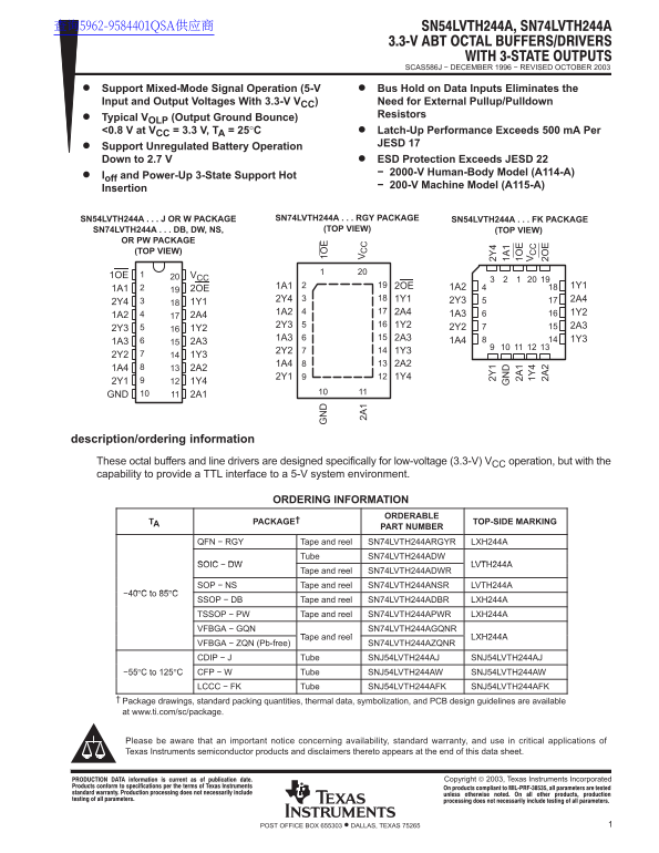 Texas Instruments SN54LVTH244A Data Sheet - Page 1