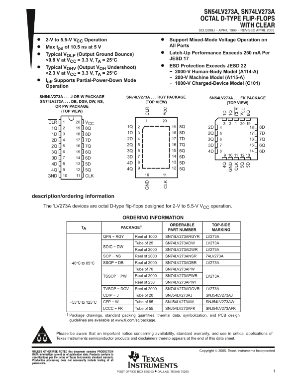 Texas Instruments SN54LV273A SN74LV273A Data Sheet manual instructions guide - Page 1