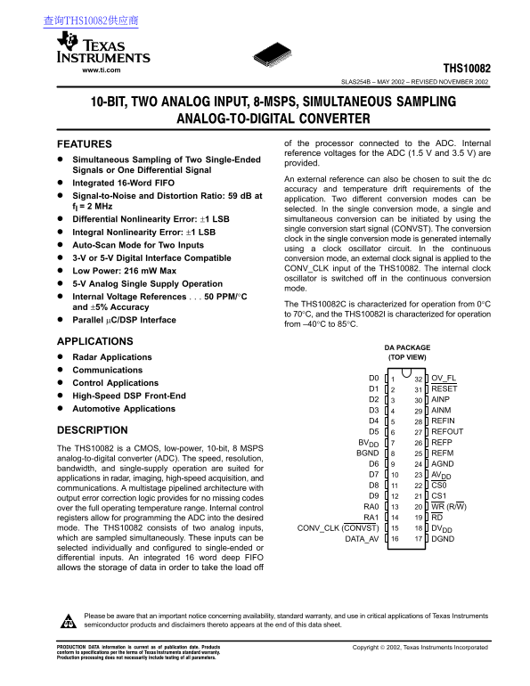 Texas Instruments THS10082 Data Sheet - Page 1