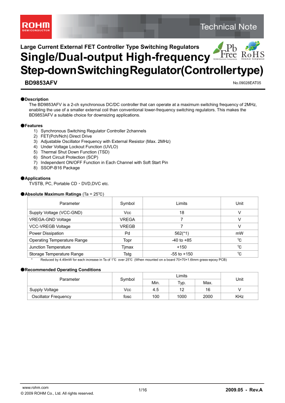 ROHM BD9853AFV datasheet manual - Page 1