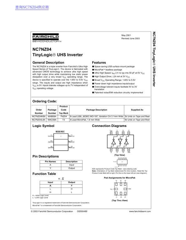 Fairchild NC7NZ04 Data Handbook - Page 1