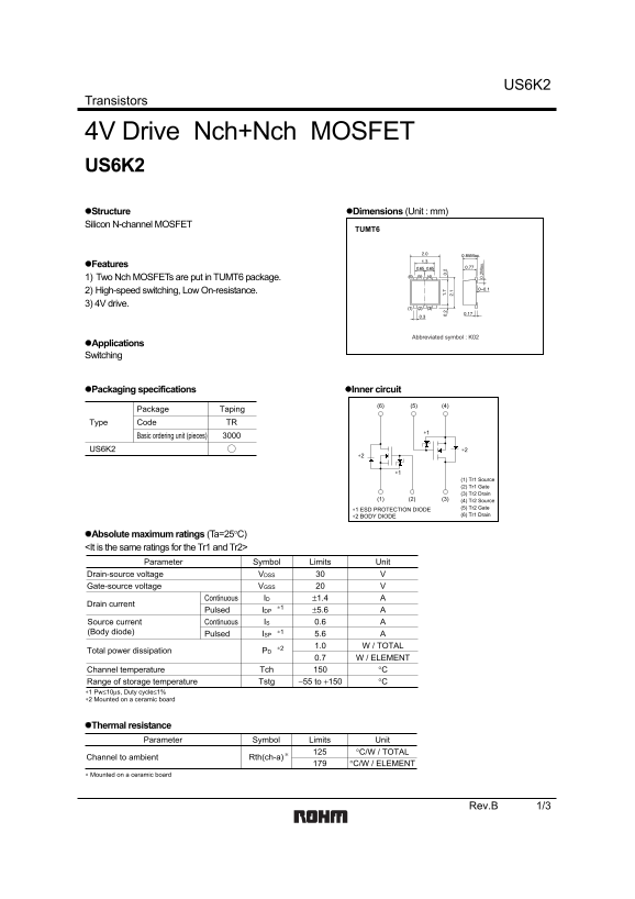 ROHM US6K2 Data Sheet - Page 1