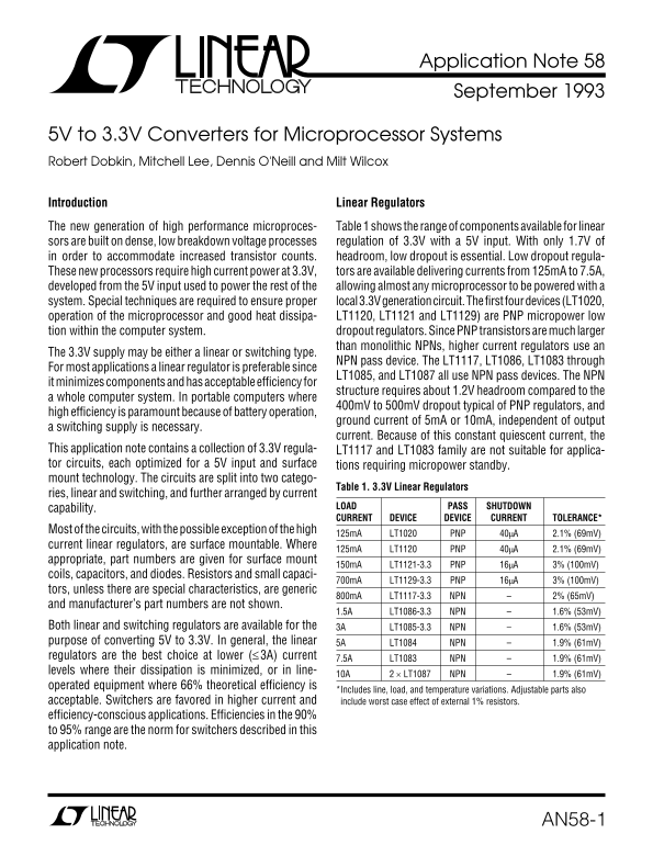 LINEAR Application Note 58 5V to 3.3V Converters for Microprocessor Systems - Page 1