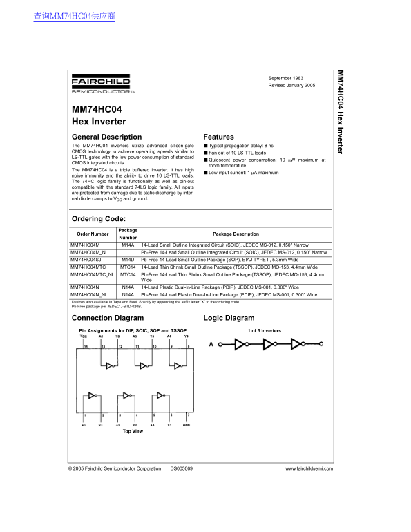 National Semiconductor MM74HC04 Hex Inverter Data Sheet - Page 1