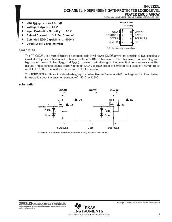 Texas Instruments TPIC5223L Data Sheet - Page 1