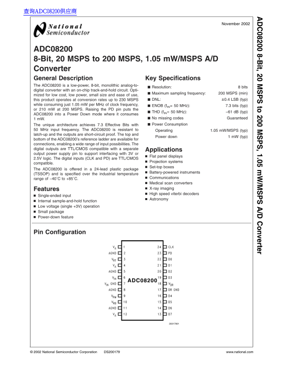 National Semiconductor ADC08200 8-Bit, 20 MSPS to 200 MSPS, 1.05 mW/MSPS A/D Converter User's Manual Data Sheet - Page 1