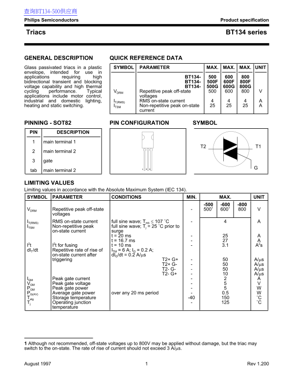 PHILIPS BT134 Series Data Sheet User Guide - Page 1