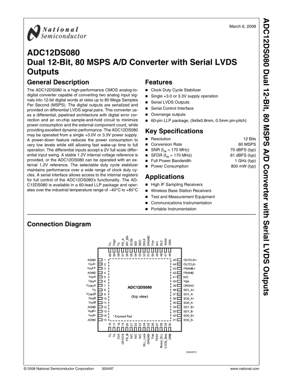National Semiconductor ADC12DS080 Dual 12-Bit, 80 MSPS A/D Converter with Serial LVDS Outputs - Page 1