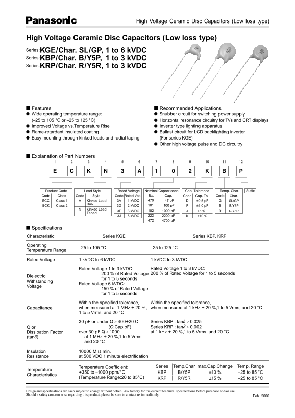 Panasonic KGE Char. SL GP, 1 to 6 kVDC, KBP Char. B Y5P, 1 to 3 kVDC, KRP Char. R Y5R, 1 to 3 kVDC - Data Manual - Page 1