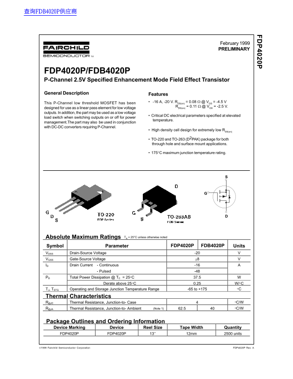 Fairchild FDP4020P FDB4020P Data Handbook - Page 1