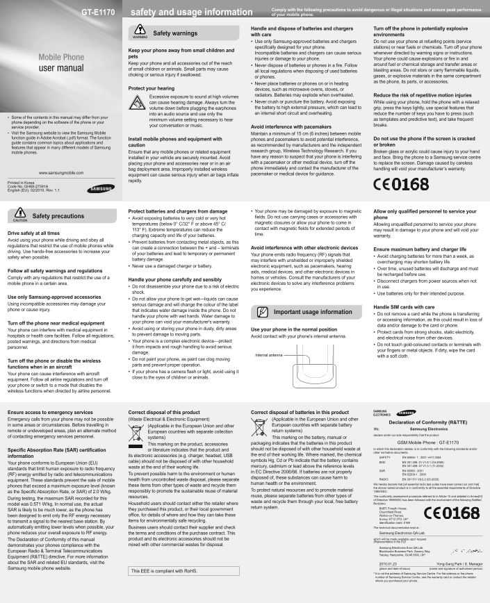Samsung GT-E1170 Cell Phone User Guide - Page 1