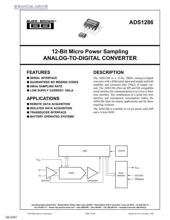 Texas Instruments ADS1286 12-Bit Micro Power Sampling Analog-to-Digital Converter - Page 1