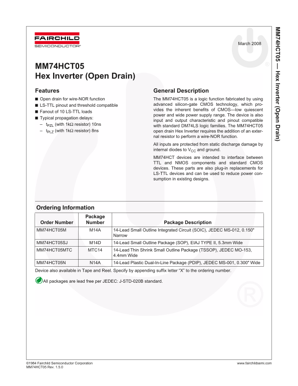 Fairchild MM74HCT05 Hex Inverter (Open Drain) Data Sheet - Page 1