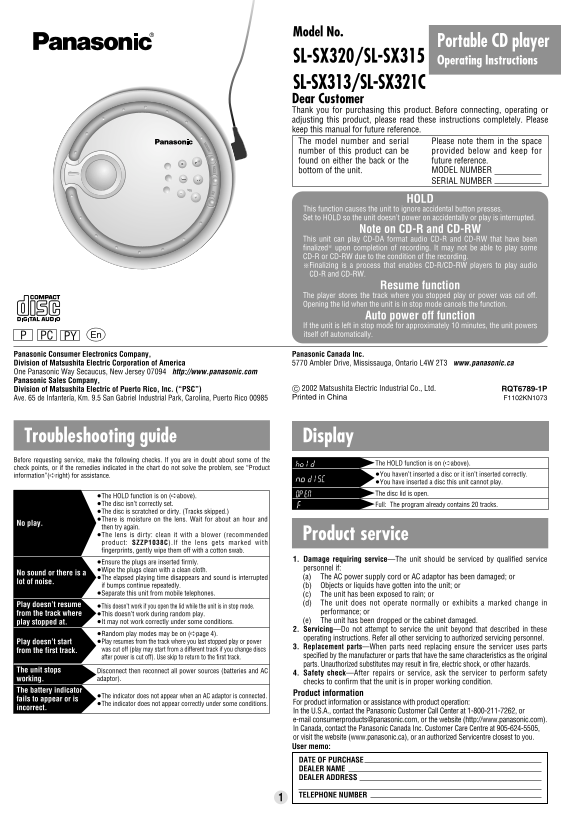 Panasonic SL-SX320 SL-SX315 SL-SX313 SL-SX321C User Manual - Page 1