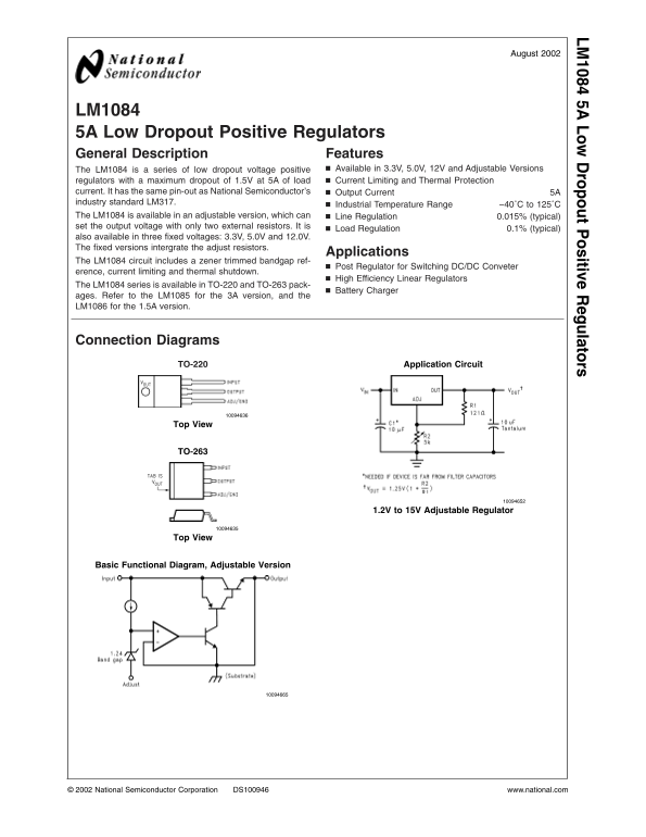 National Semiconductor LM1084 5A Low Dropout Positive Regulators Data Sheet - Page 1