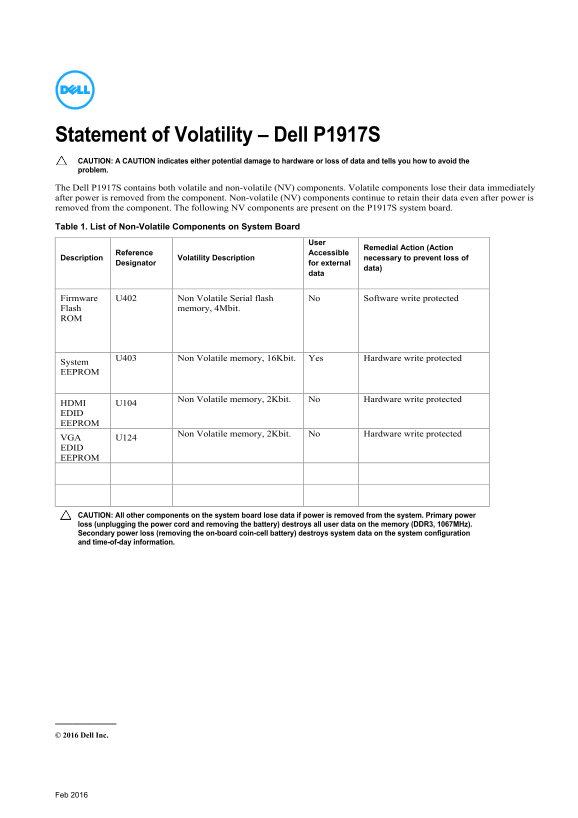 Dell Statement of Volatility - Dell P1917S Monitor Owner's Manual - Page 1