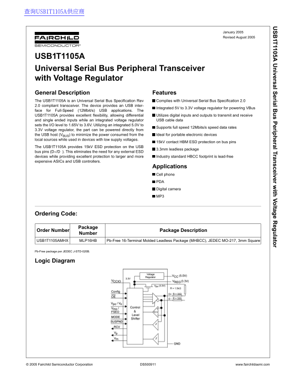 Fairchild USB1T1105A Universal Serial Bus Peripheral Transceiver with Voltage Regulator Data Sheet - Page 1