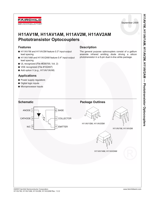 Fairchild H11AV1-М, H11AV1A-М, H11AV2-М, H11AV2A-М Phototransistor Optocouplers Data Manual - Page 1