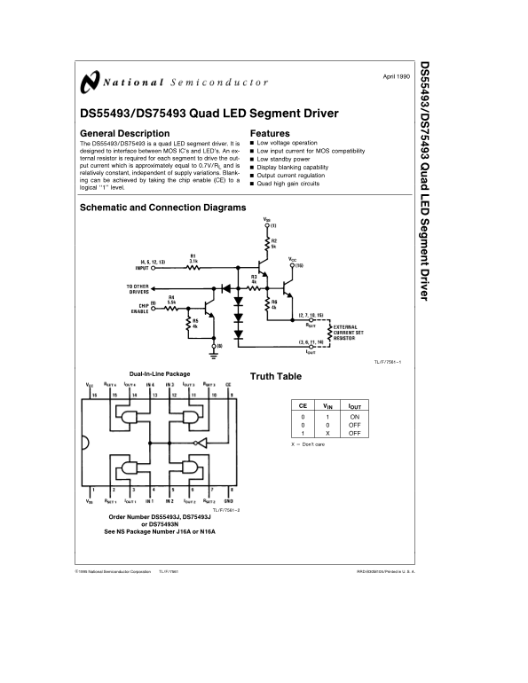 National Semiconductor DS55493 DS75493 Quad LED Segment Driver Data Sheet - Page 1