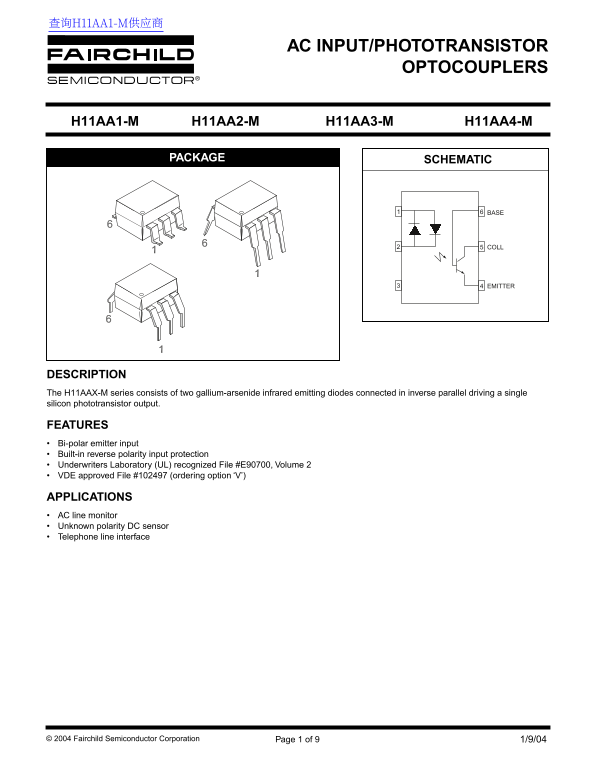 Fairchild AC Input Phototransistor Optocouplers Data Handbook - Page 1