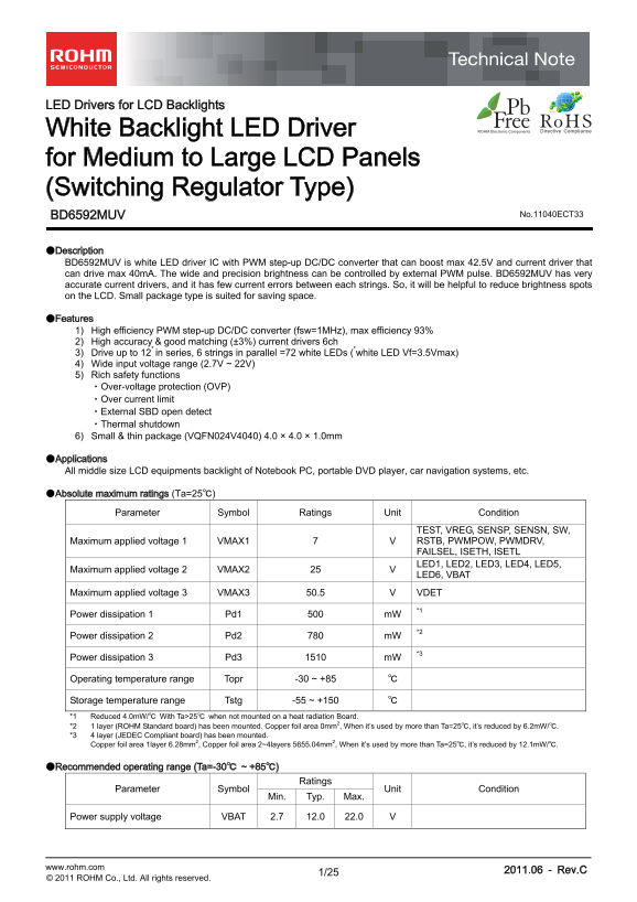 ROHM BD6592MUV Data Sheet - Page 1