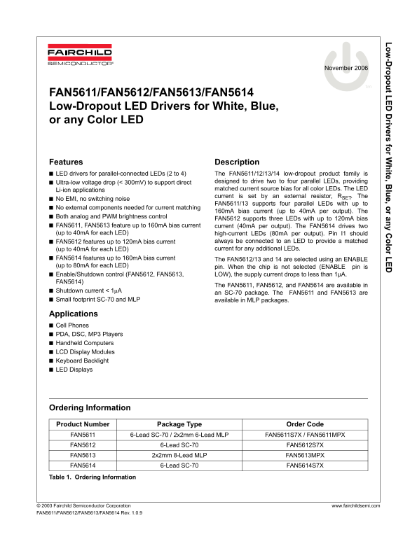 Fairchild Fan5611 - Fan5614 Low-Dropout LED Drivers for White, Blue, or any Color LED Data Manuals - Page 1