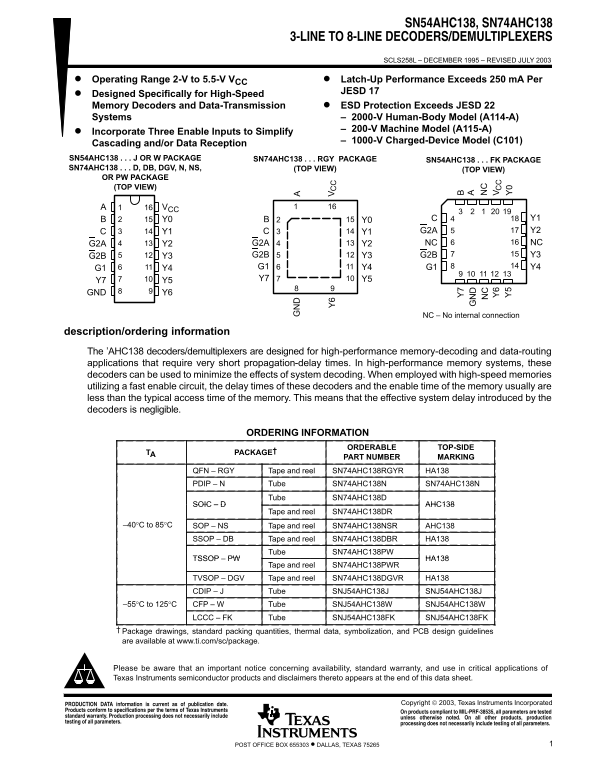 Texas Instruments SN54AHC138, SN74AHC138 Data Handbook - Page 1