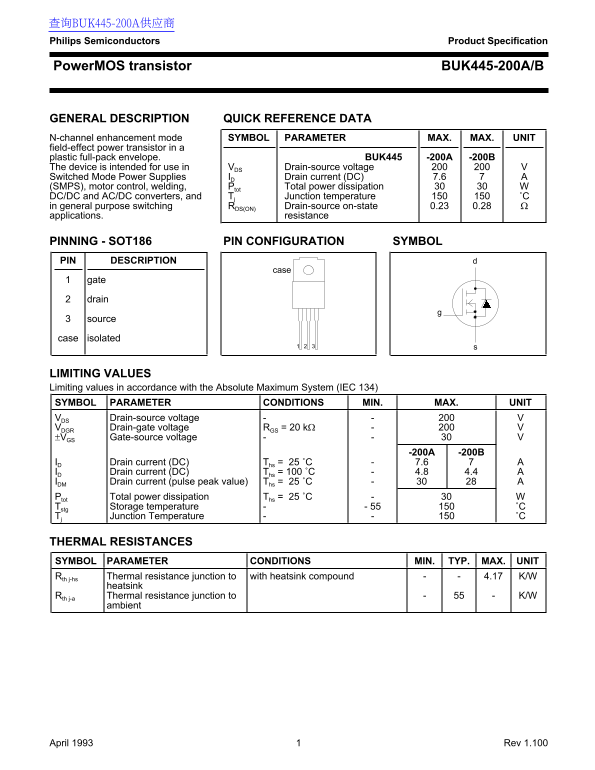 PHILIPS PowerMOS Transistor BUK445-200A Data Sheet - Page 1