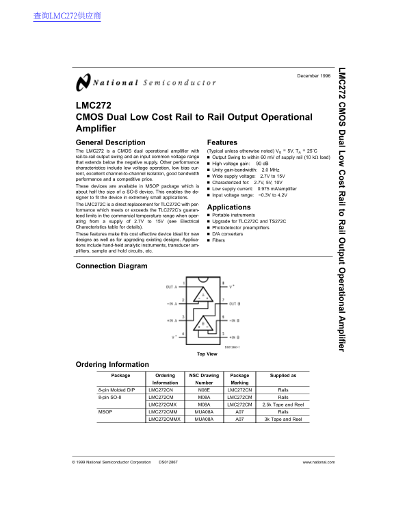 National Semiconductor LMC272 CMOS Dual Low Cost Rail to Rail Output Operational Amplifier Data Sheet - Page 1