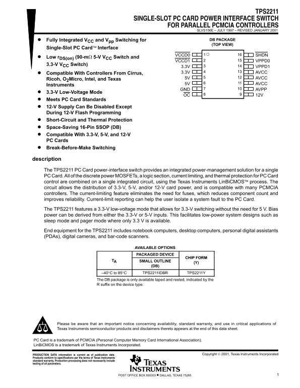 Texas Instruments - TPS2211 Single-Slot PC Card Power Interface Switch for Parallel PCMCIA Controllers - Page 1