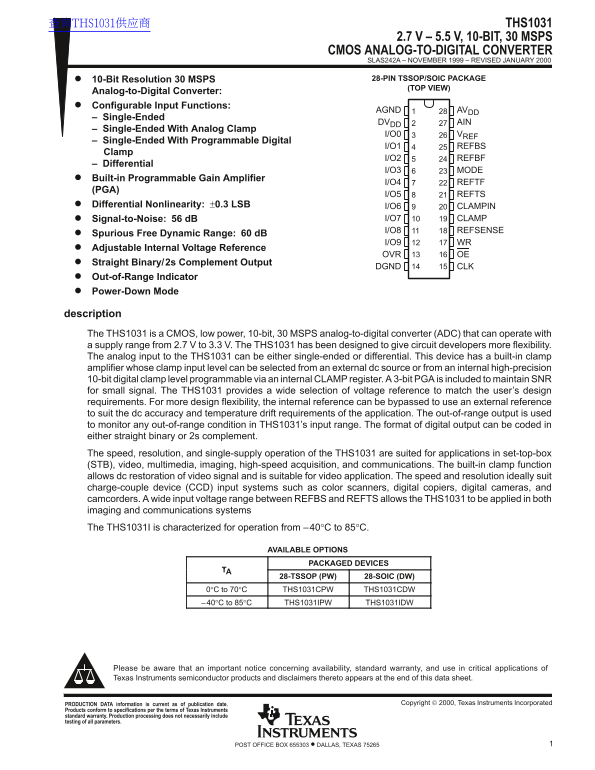 Texas Instruments THS1031 Data Sheet - Page 1