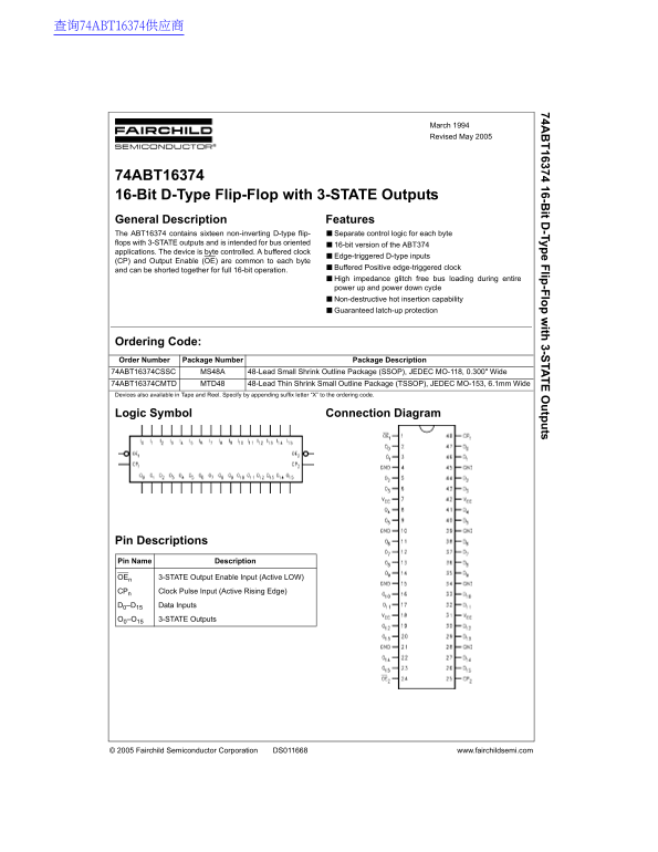 Fairchild Semiconductor 74ABT16374 16-Bit D-Type Flip-Flop with 3-State Outputs - Data Sheet & User Manual - Page 1
