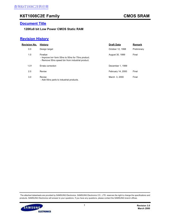 SAMSUNG K6T1008C2E Family CMOS SRAM User's Manual Specification Guide - Page 1