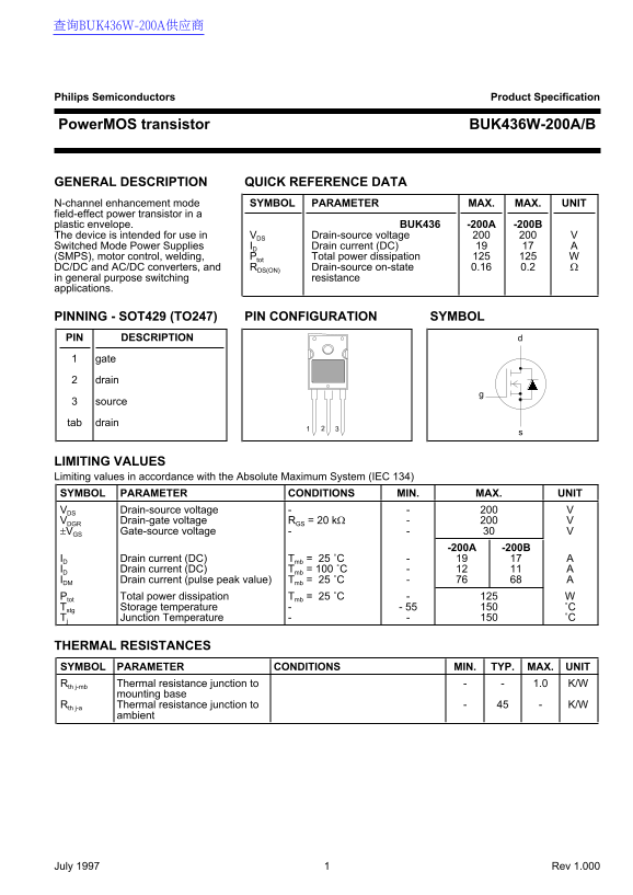 Philips Semiconductors PowerMOS Transistor BUK436W-200A Product Specification, User Manual - Page 1