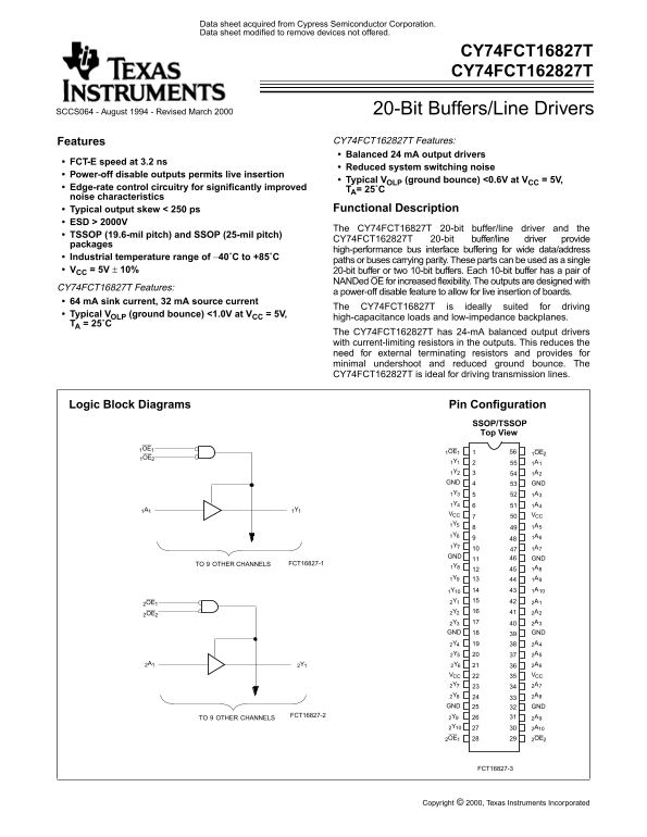 Texas Instruments CY74FCT16827T and CY74FCT162827T Data Sheets - Page 1
