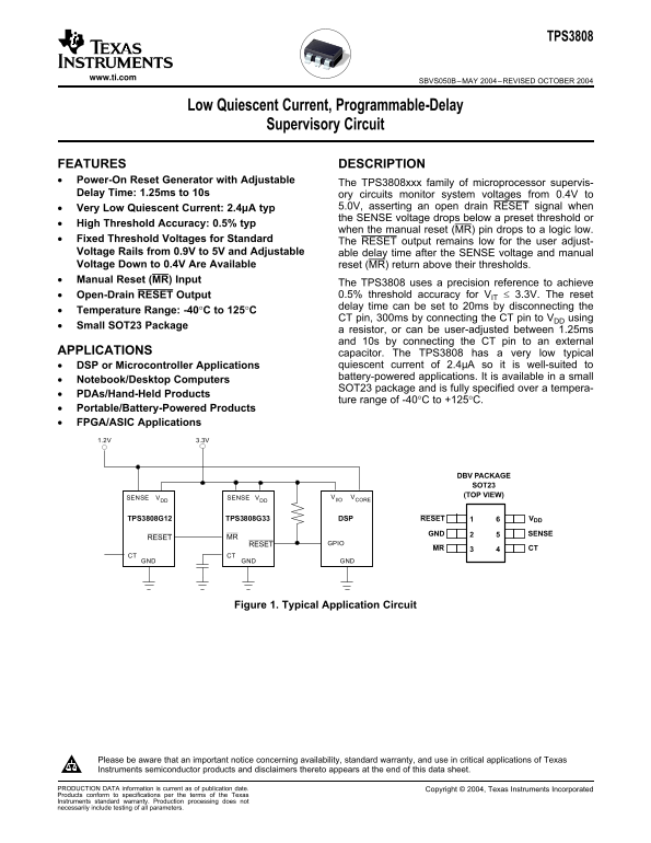 Texas Instruments TPS3808 Low Quiescent Current, Programmable-Delay Supervisory Circuit - Page 1