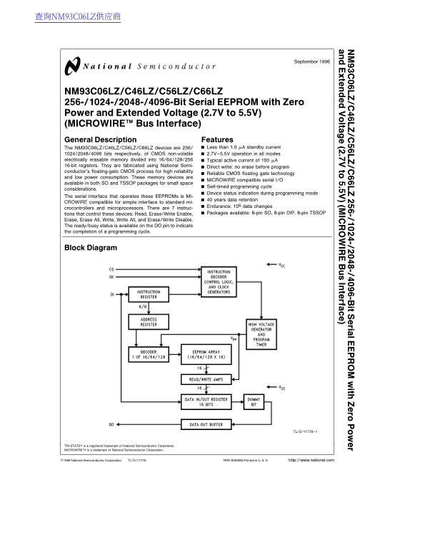 National Semiconductor NM93C06LZ C46LZ C56LZ C66LZ Data Sheet Manual - Page 1