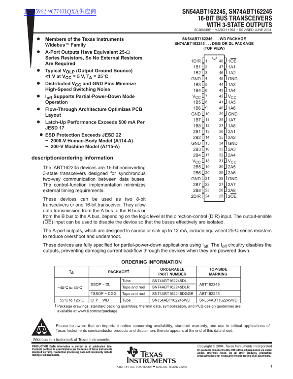 Texas Instruments SN54ABT162245, SN74ABT162245 Data Sheet Manual - Page 1