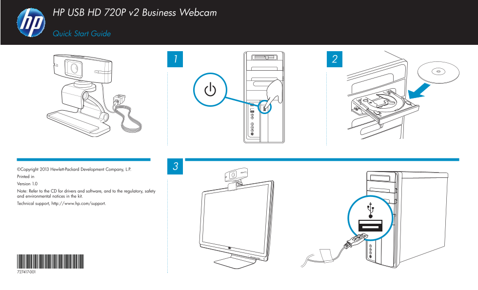 HP USB HD 720p v2 Commercial Network Camera Quick Install Guide - Page 1