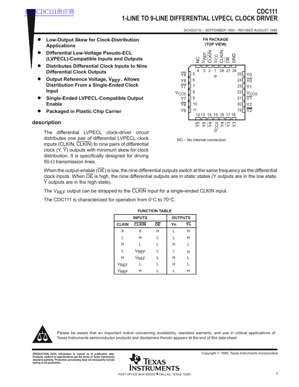 Texas Instruments CDC111 1-LINE to 9-LINE Differential LVPECL Clock Driver Data Sheet User Manual - Page 1
