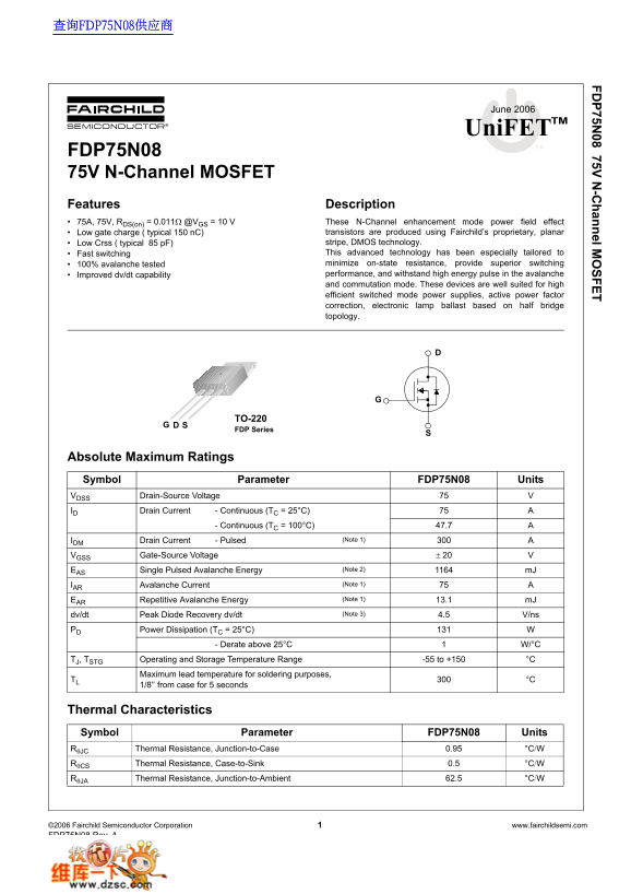 Fairchild FDP75N08 75V N-Channel MOSFET Data Handbook - Page 1