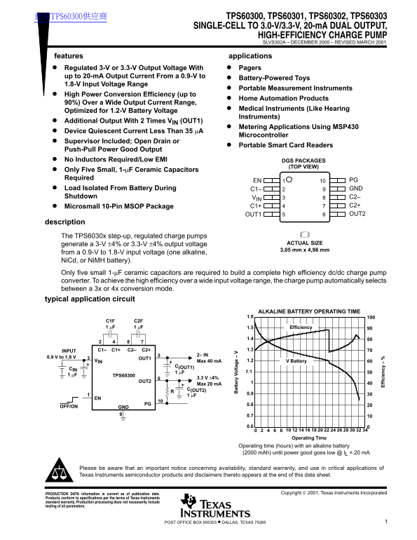 Texas Instruments TPS60300, TPS60301, TPS60302, TPS60303 SINGLE-CELL TO 3.0-V, 3.3-V, 20-mA DUAL OUTPUT, HIGH-EFFICIENCY CHARGE PUMP Data Sheet User Manual - Page 1