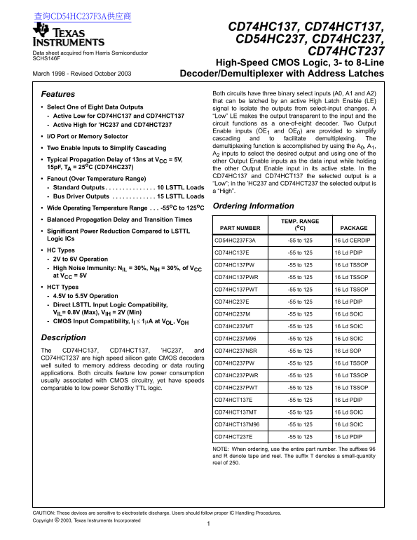 Texas Instruments CD74HC137, CD74HCT137, CD54HC237, CD74HC237, CD74HCT237 Data Sheet - Page 1