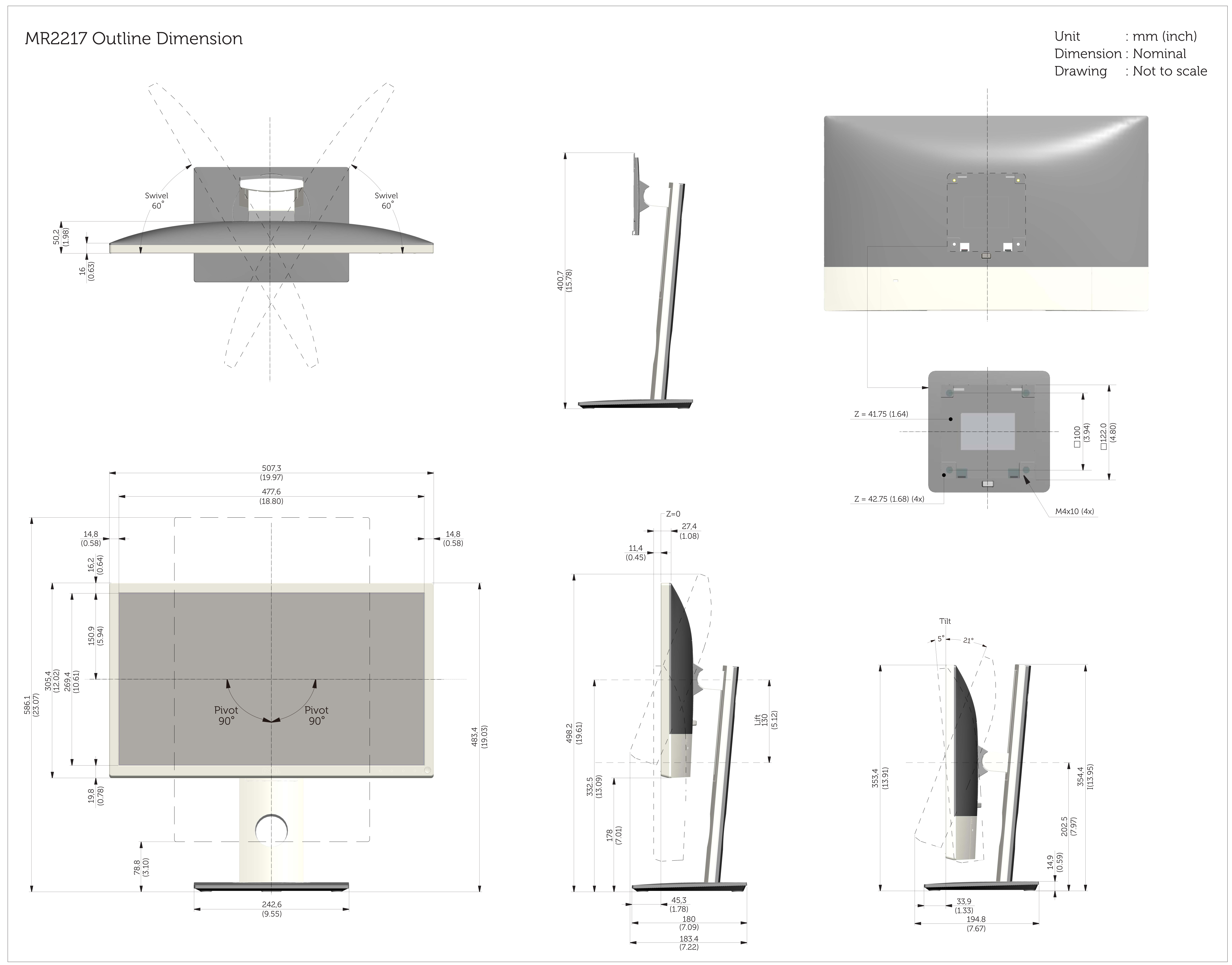 Dell Medical Display MR2217 Outline Dimensions Guide  - Specifications - Page 1
