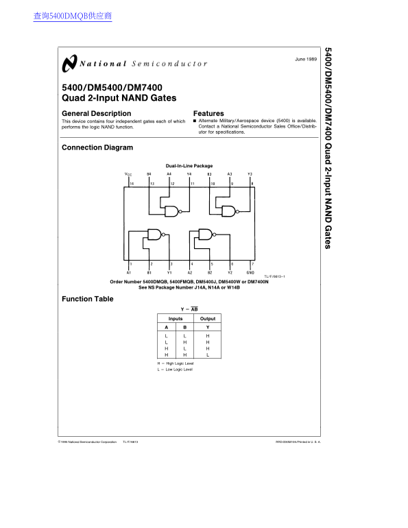 National Semiconductor 5400 DM5400 DM7400 Quad 2-Input NAND Gates Data Manual - Page 1