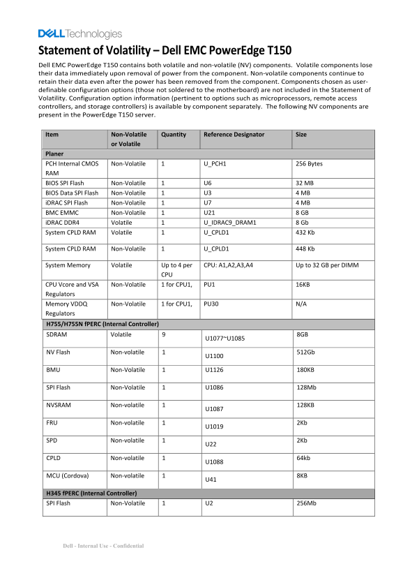 Dell EMC PowerEdge T150 Statement of Volatility Statement User Guide - Page 1