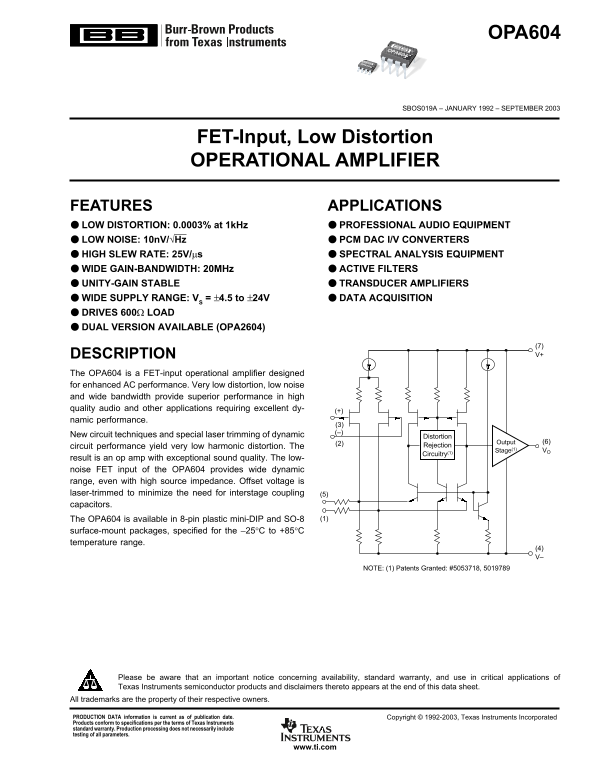 Texas Instruments BB OPA604 FET-Input, Low Distortion Operational Amplifier User Manual - Page 1