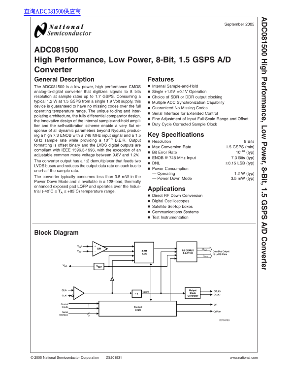 National Semiconductor ADC081500 High Performance, Low Power, 8-Bit, 1.5 GSPS AD Converter Data Manual, Specification Sheet User Guide - Page 1